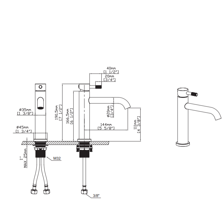 Thumbnail: Zaphir wastafelmengkraan laag cold start RVS lijntekening