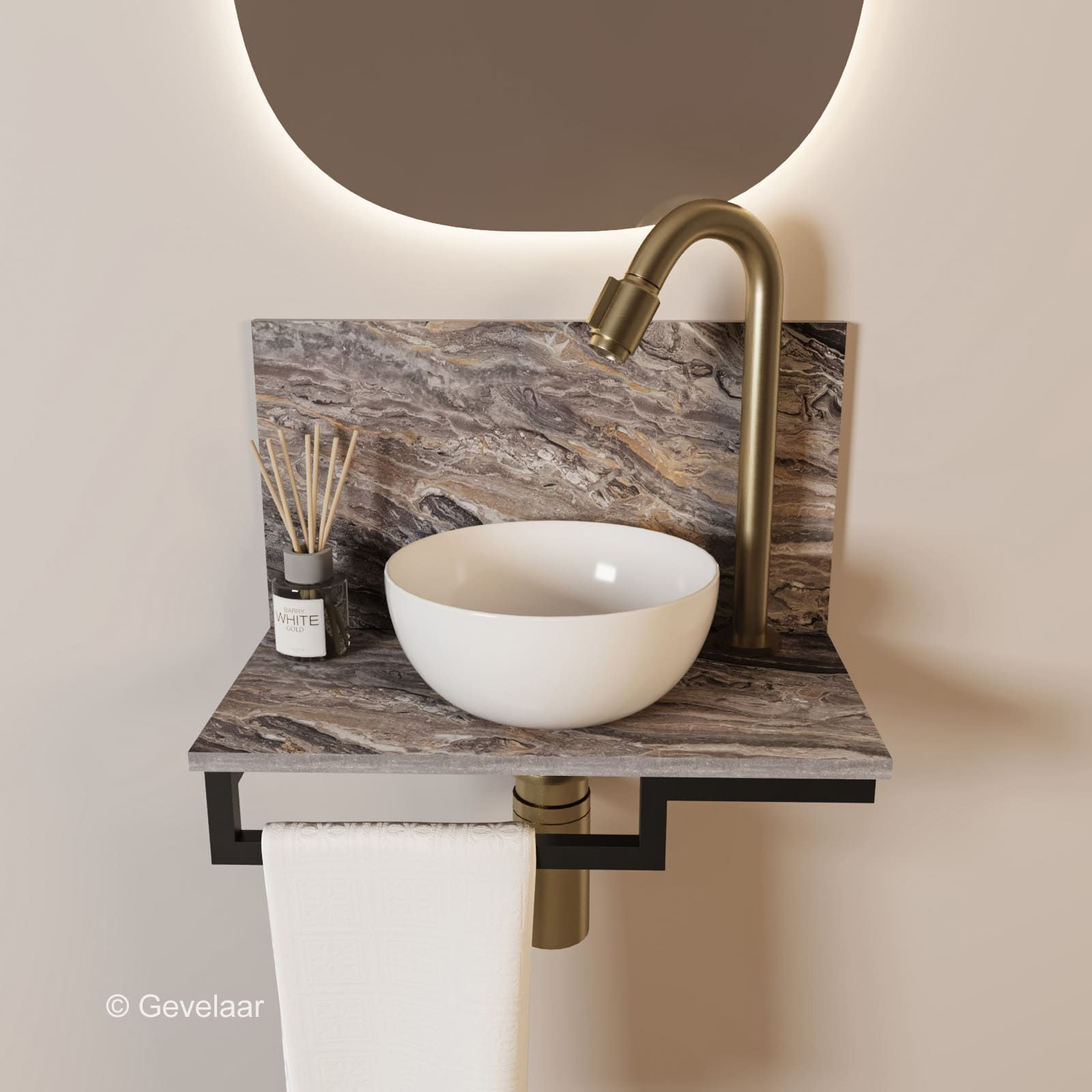 Tanaro Marqstone fonteinset venice brown wand kraan bo geb goud kom wit houder L