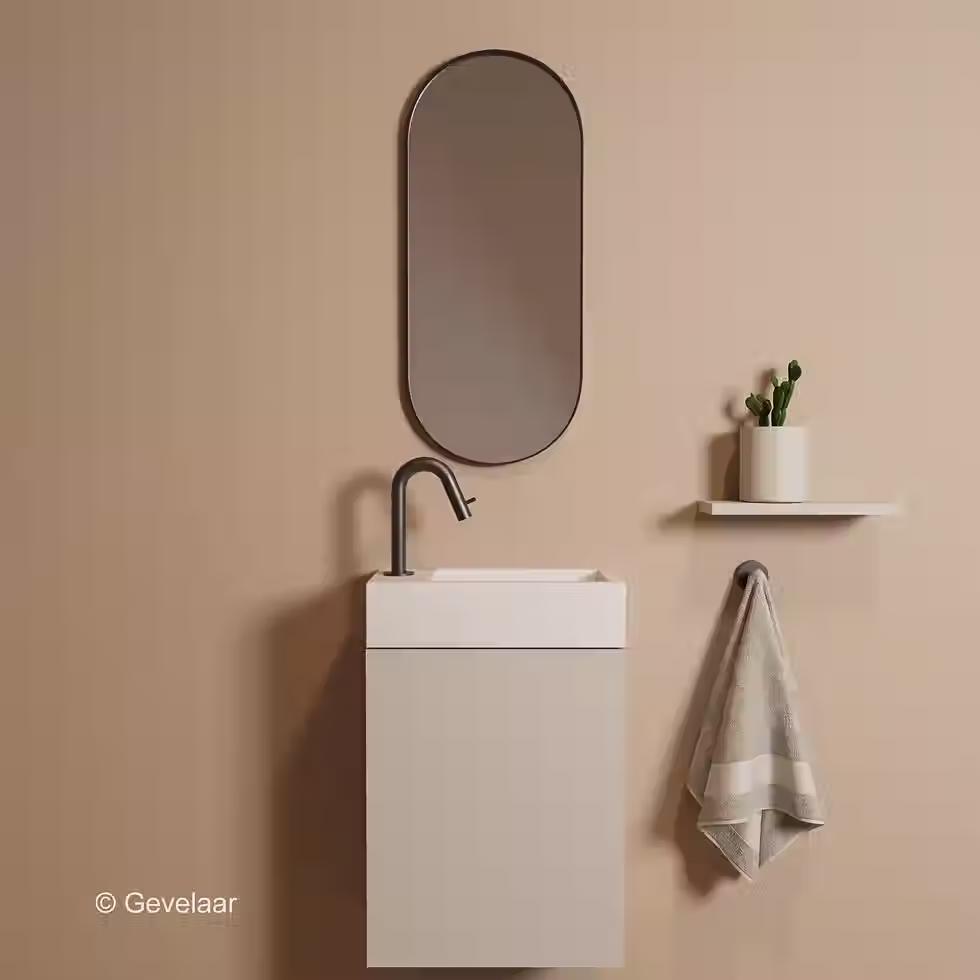 Zaphir Freshdip Fonteinset beige kast wasbak mat wit omkeerbaar kraan gunmetal