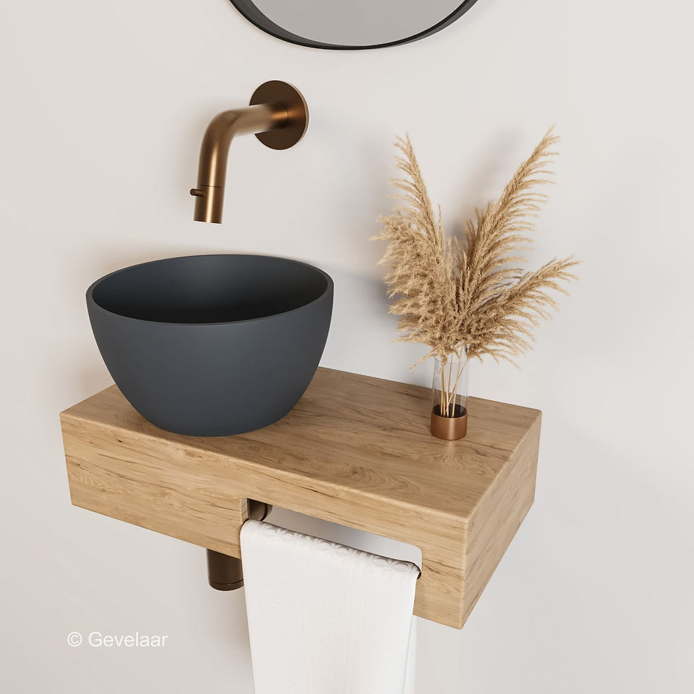 Arcqua Olivia fonteinset hout waskom mat antraciet links inb kraan brons koper