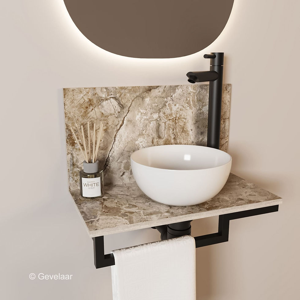 Thumbnail: Tanaro Marqstone fonteinset earth glossy wand kraan mat zwart kom wit houder L