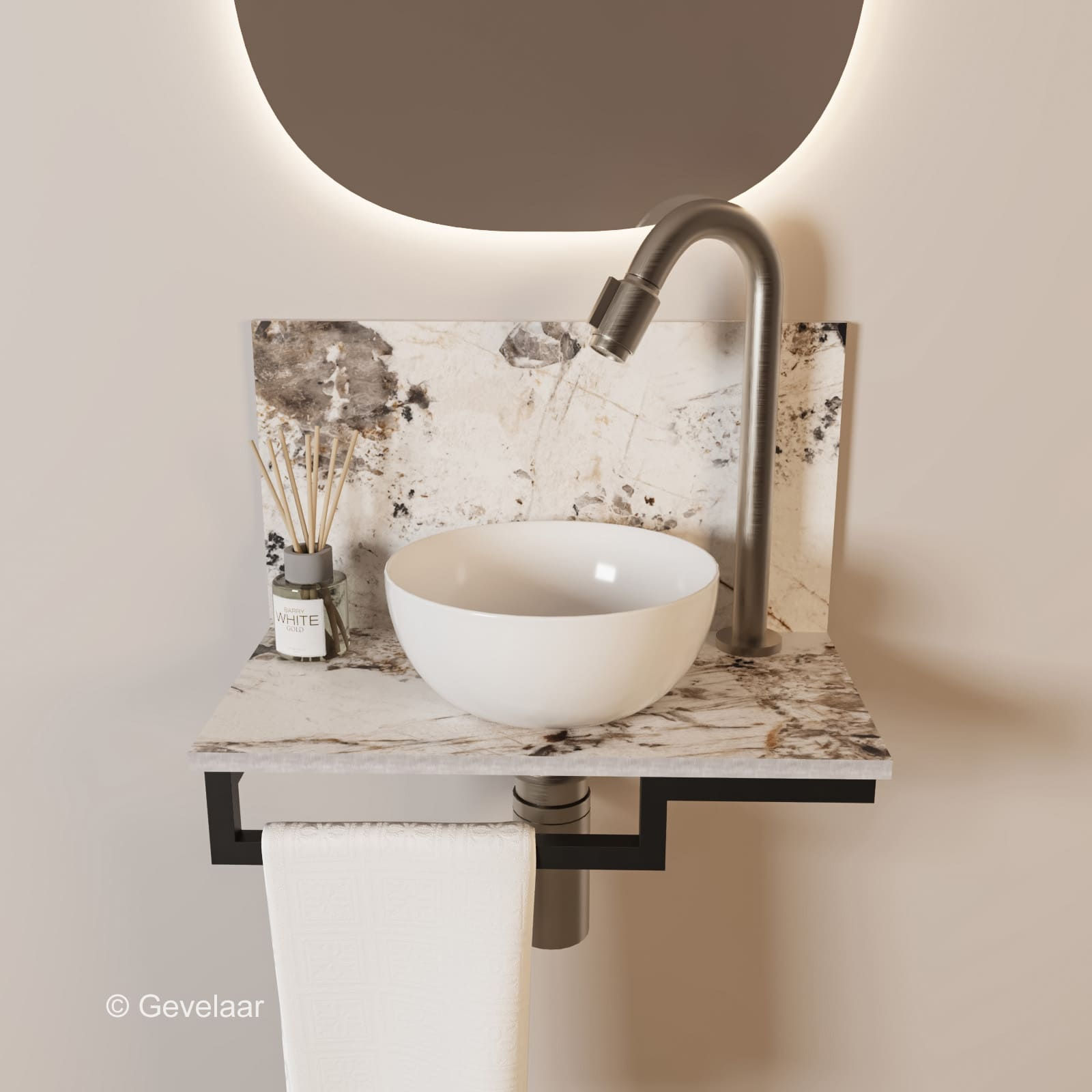 Tanaro Marqstone fonteinset island glossy wand kraan bo RVS kom wit houder L