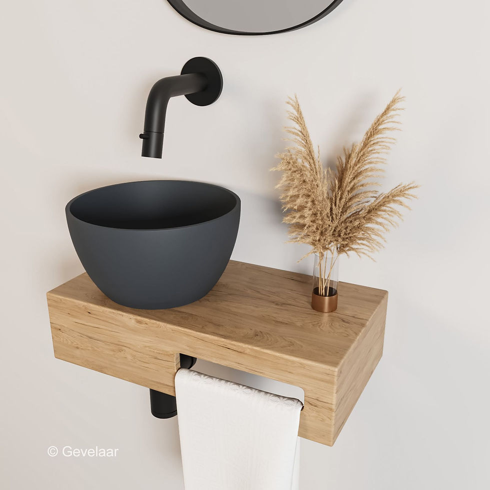Arcqua Olivia fonteinset hout waskom mat antraciet links inb kraan mat zwart
