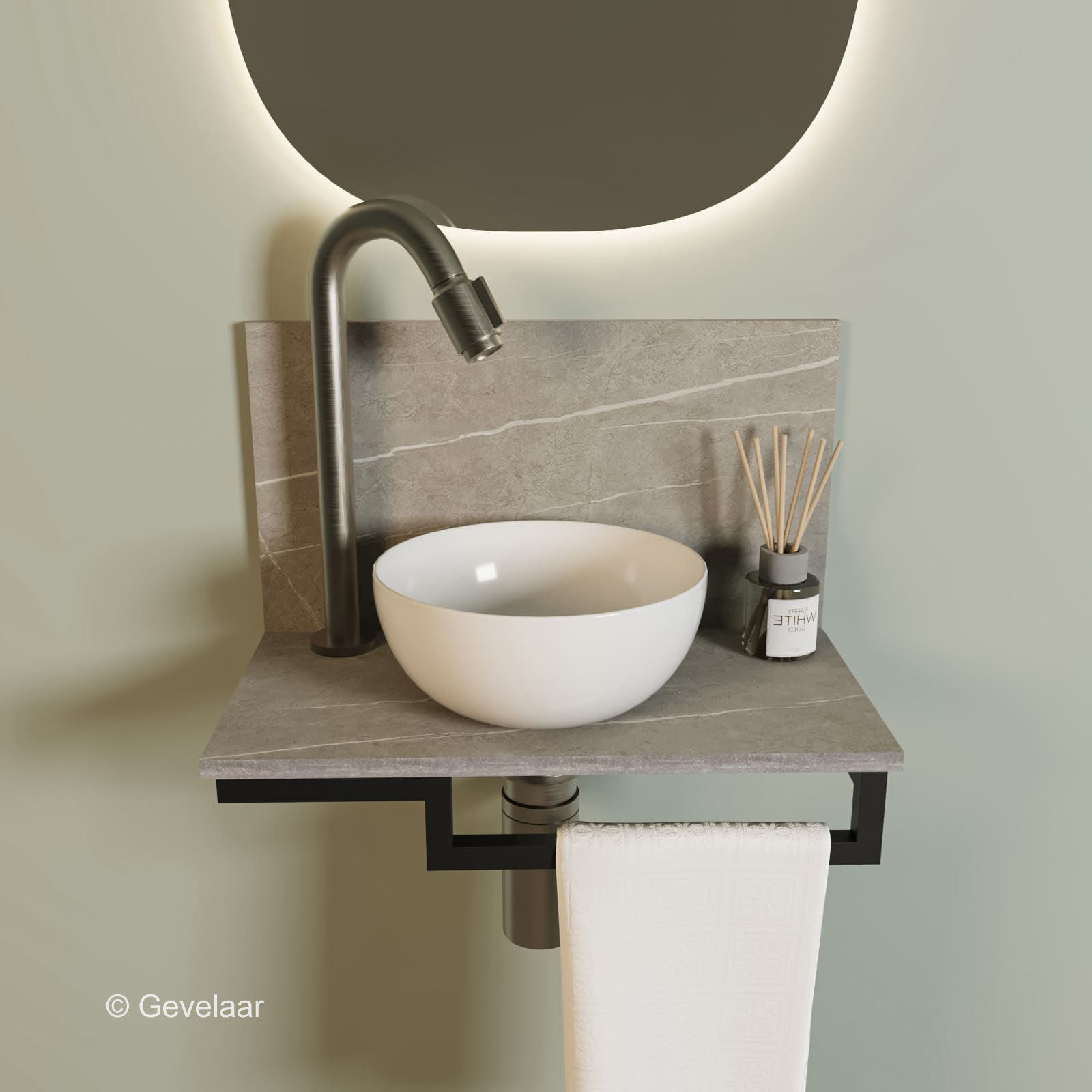 Tanaro Marqstone fonteinset marmer grijs wand kraan bo RVS kom 20cm wit houder R