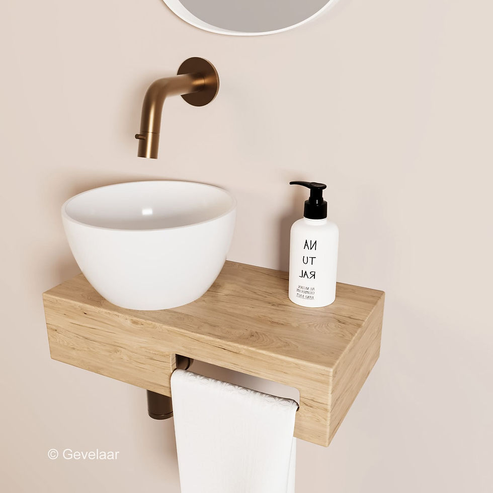 Arcqua Olivia fonteinset eikenhout waskom glans wit links inb. kraan brons koper