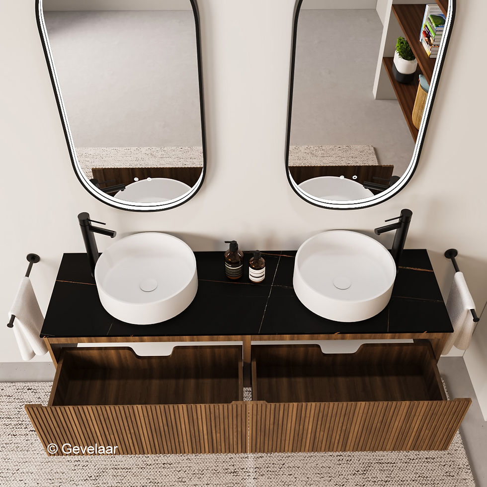 Thumbnail: Striato ribbel noten badmeubel 160 cm - 2 lade 80cm afdekblad mat zwart