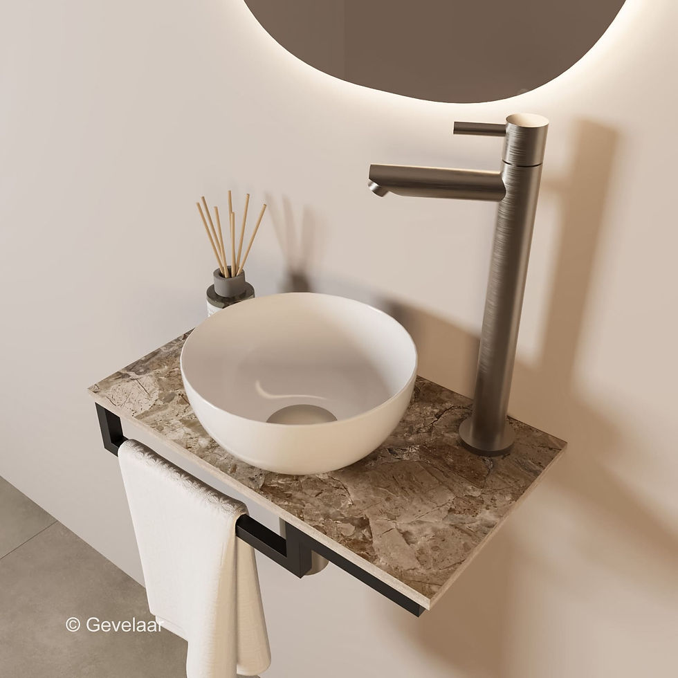 Thumbnail: Tanaro Marqstone fonteinset earth glossy kraan RVS kom 20cm wit houder L