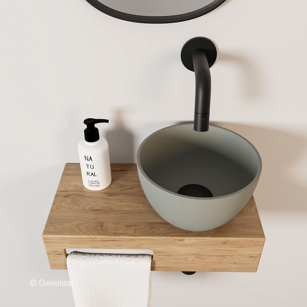 Arcqua Olivia fonteinset eikenhout waskom mat klei rechts inbouwkraan mat zwart