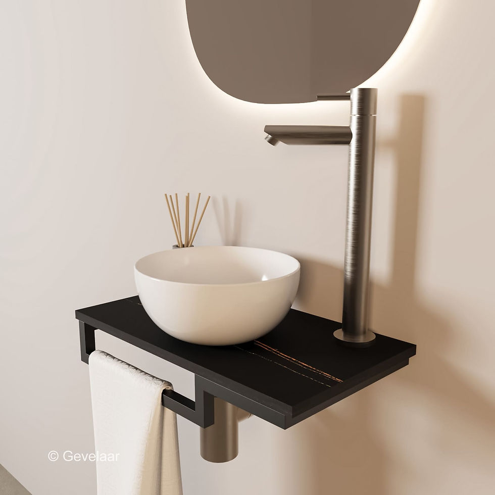 Thumbnail: Tanaro Marqstone fonteinset marmer zwart kraan RVS kom 20cm wit houder L