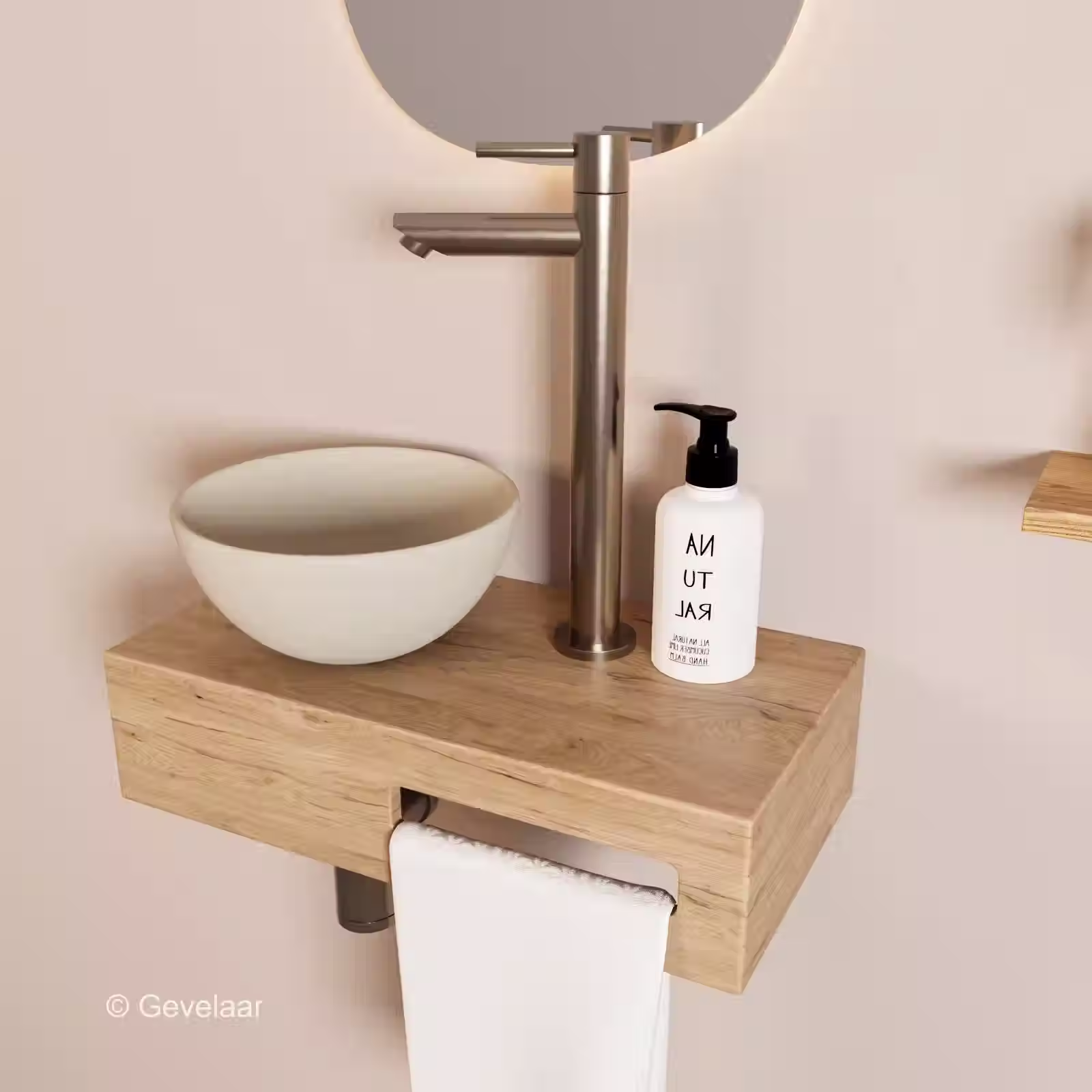 Tanaro Oasis fonteinset eikenhout kraanset rvs waskom beige links