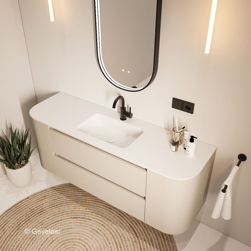 Thumbnail: Tanaro SoXel badmeubel van 150 cm in cappuccino kleur met afgeronde hoeken en mat witte wastafel