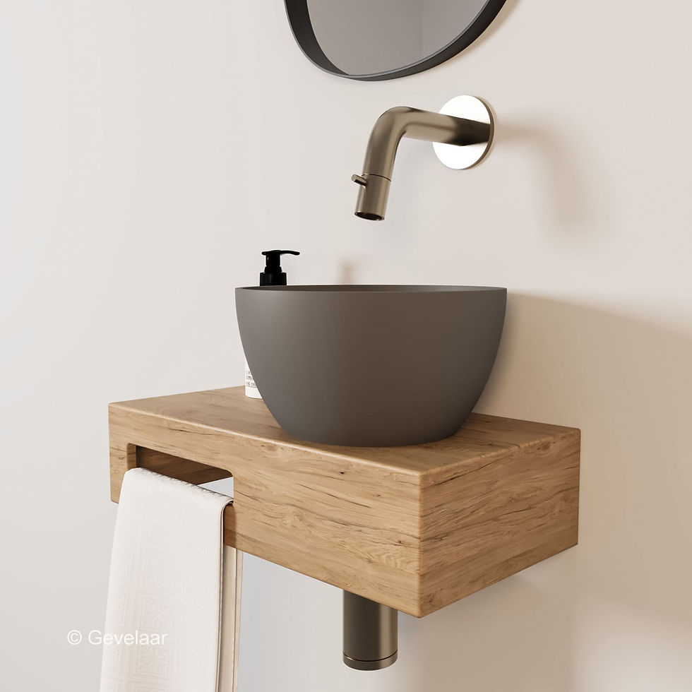 Thumbnail: Arcqua Olivia fonteinset eikenhout waskom mat quartz grijs rechts kraan RVS