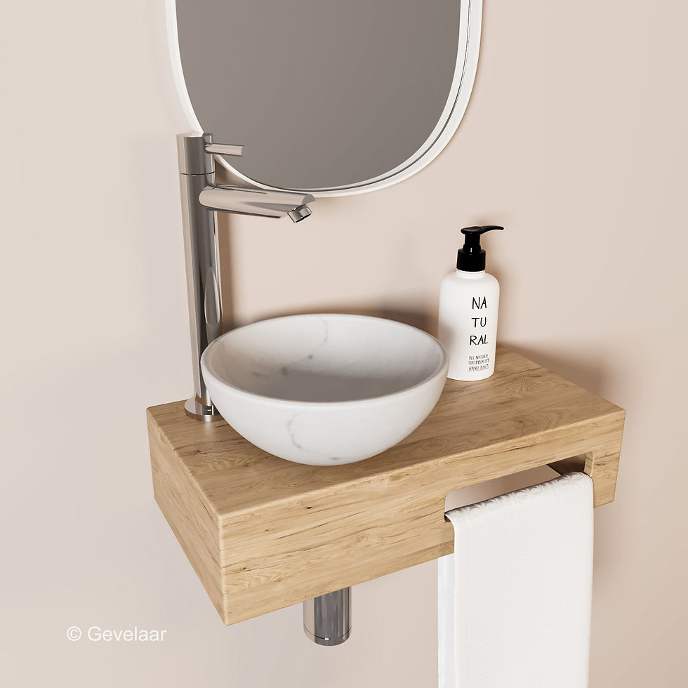 Tanaro Oasis fonteinset eikenhout kraanset chroom waskom wit marmer links