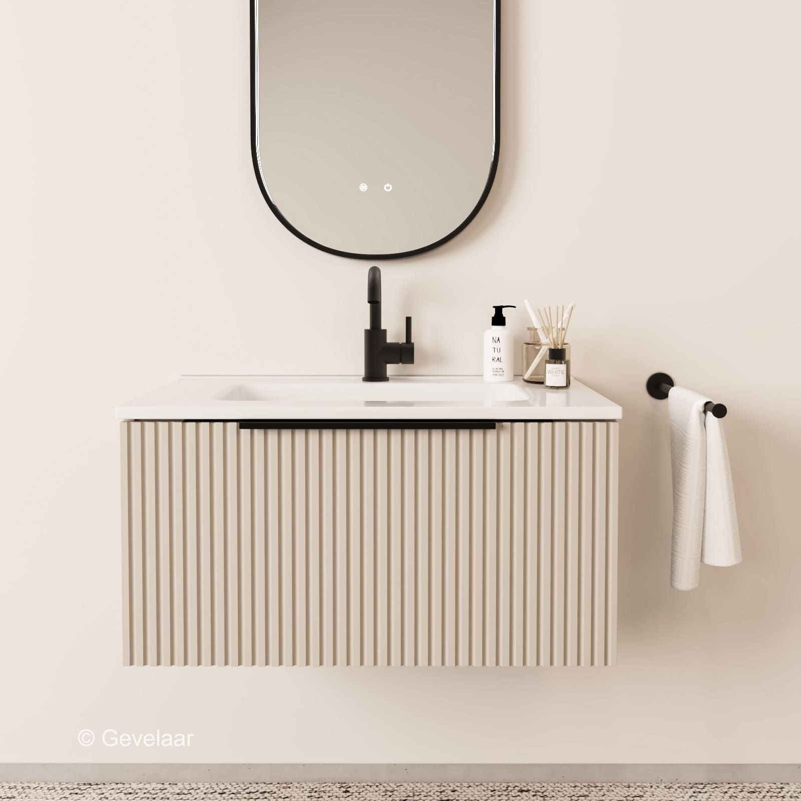 Tanaro Sobio Rib badmeubel cappuccino 80cm wastafel glans wit 1 lade