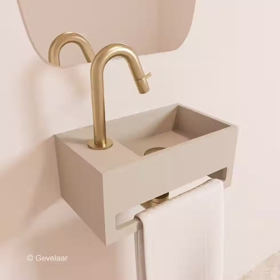Zaphir SoSu fonteinset solid surface wasbak beige links kraanset geb. goud