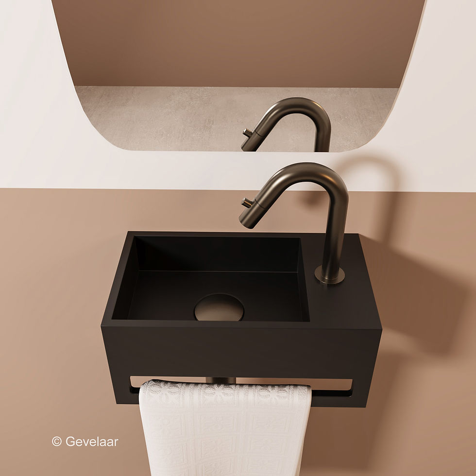 Thumbnail: Tanaro fonteinset SoSu solid surface mat zwart gebogen kraan rechts gunmetal