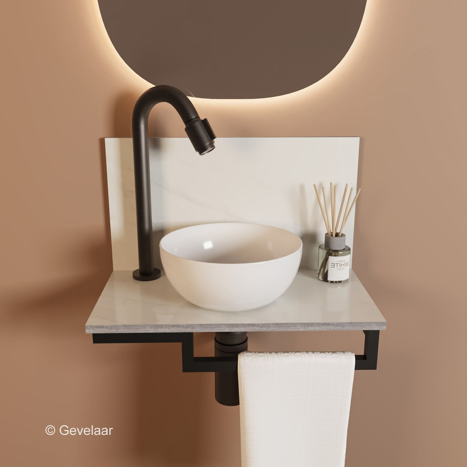 Tanaro Marqstone fonteinset marmer wit wand kraan bo gunmetal kom wit houder R