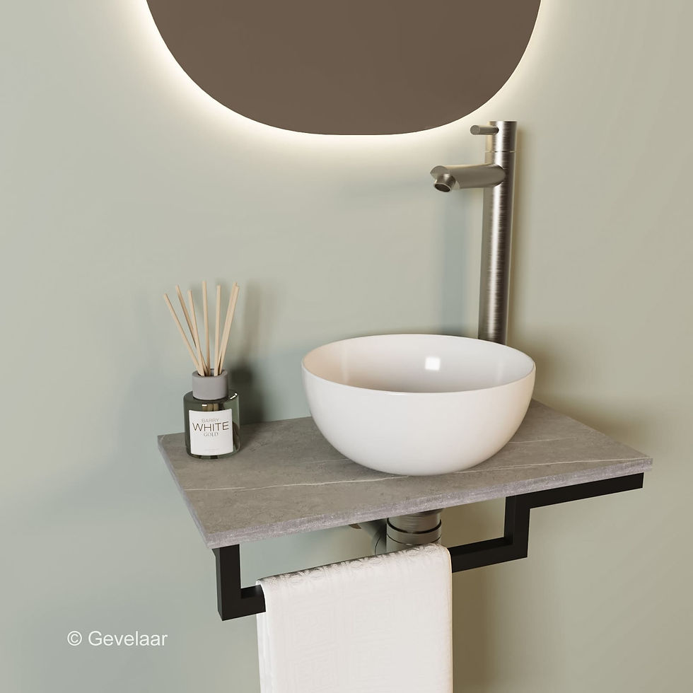 Thumbnail: Tanaro Marqstone fonteinset marmer grijs kraan RVS kom 20cm wit houder L