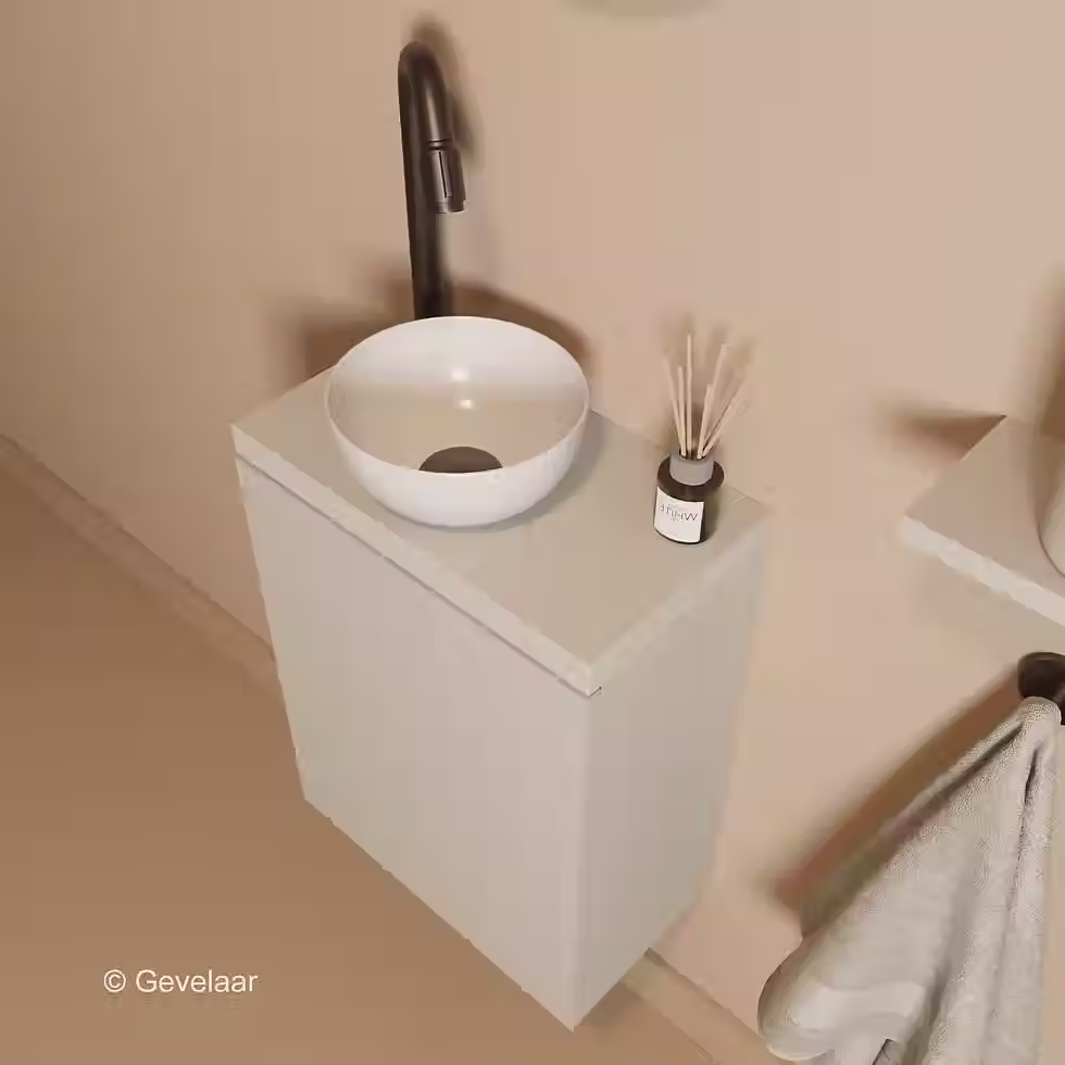 Thumbnail: Tanaro Freshnook Fonteinset beige kast keramiek waskom kraan gebogen gunmetal