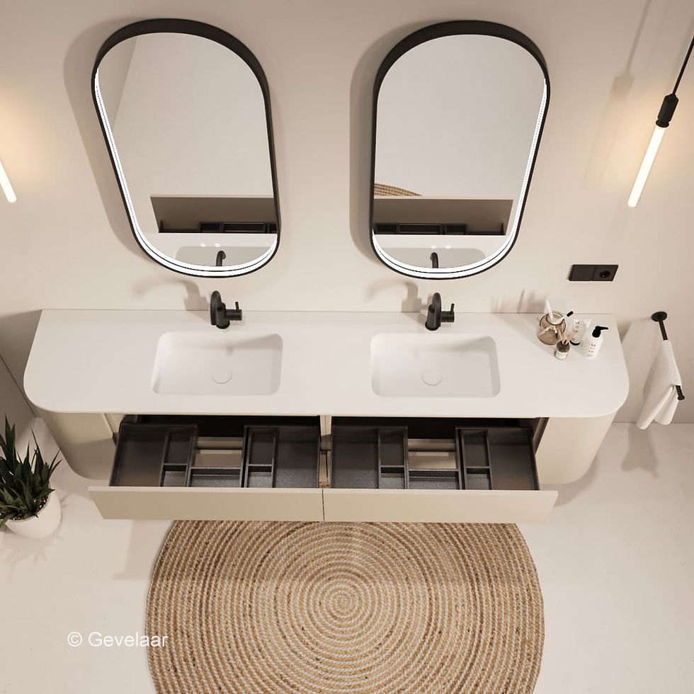 Thumbnail: Tanaro SoXel badmeubel van 220 cm in cappuccino kleur met afgeronde hoeken en dubbele mat witte wastafel