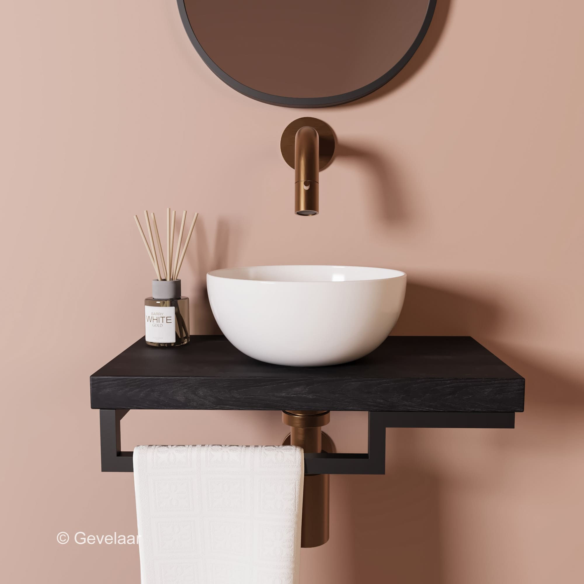 Proline TOP Black oak fonteinset inb kraan koper kom 20cm glans wit houder L