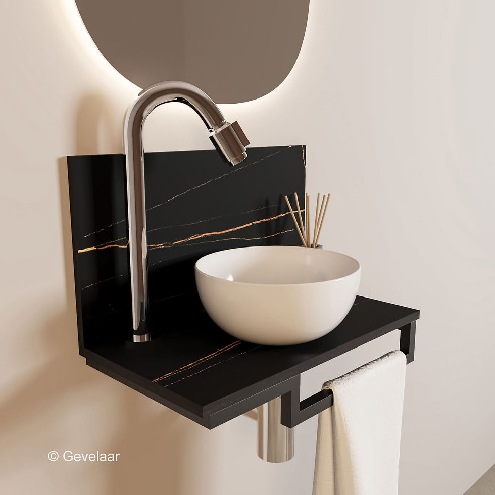 Thumbnail: Tanaro Marqstone fonteinset zwart wand kraan bo chroom kom 20cm wit houder R