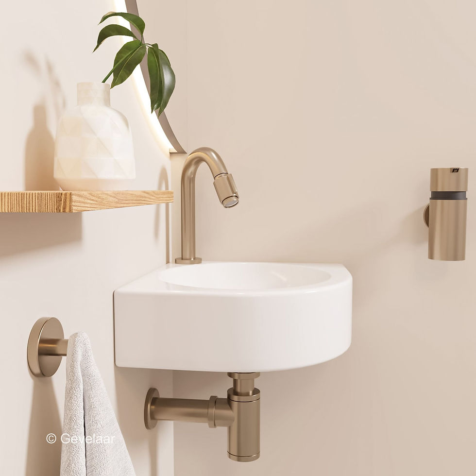 Thumbnail: Fonteinset in toiletruimte met fonteinmeubel, waskom, fonteinkraan en afvoerplug.