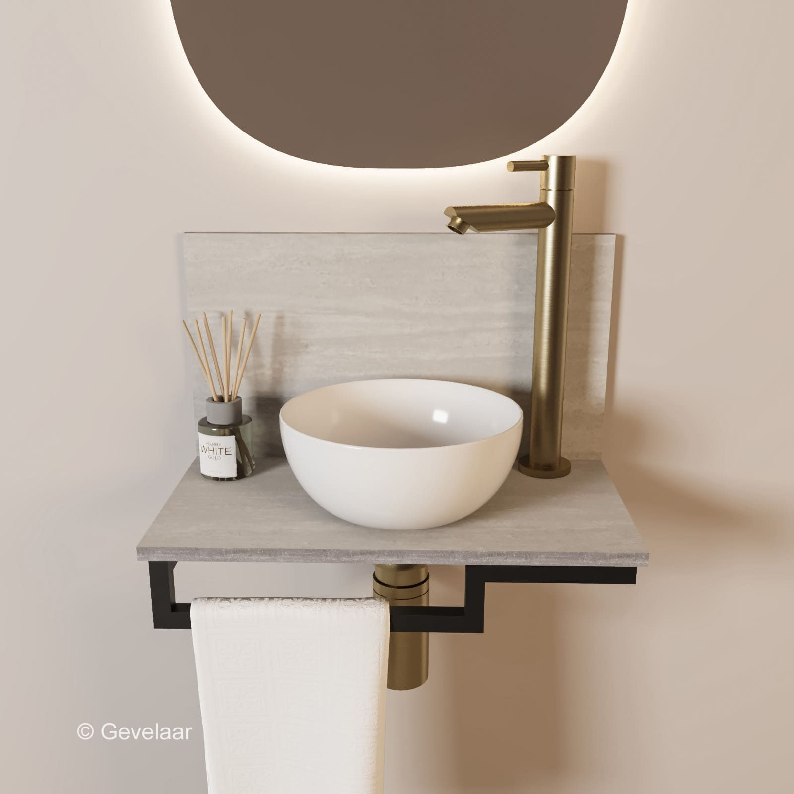 Tanaro Marqstone fonteinset travertin mat wand kraan geb goud kom wit houder L