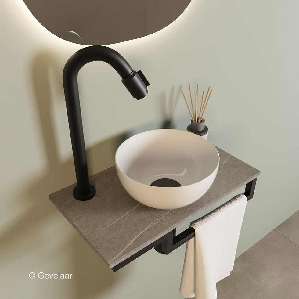 Thumbnail: Tanaro Marqstone fonteinset marmer grijs kraan bo zwart kom 20cm wit houder R