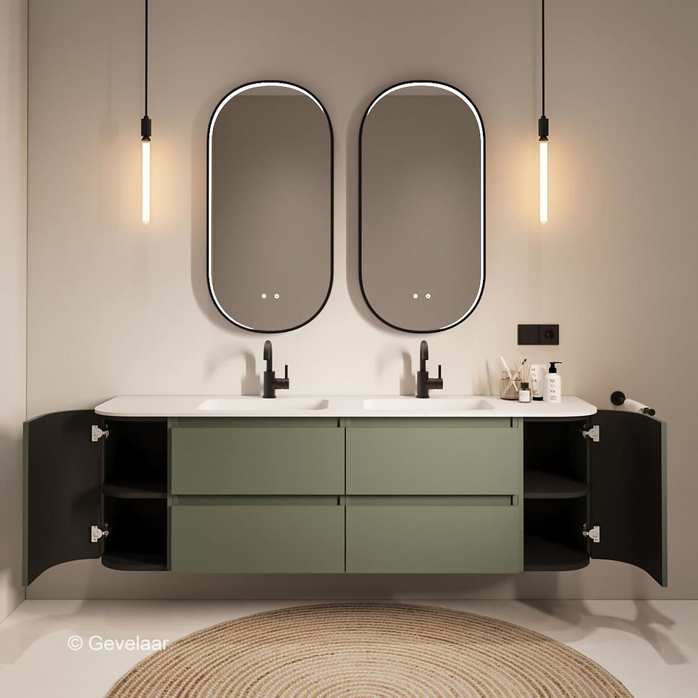 Tanaro SoXel badmeubel van 180 cm in olea groen met afgeronde hoeken en dubbele mat witte wastafel