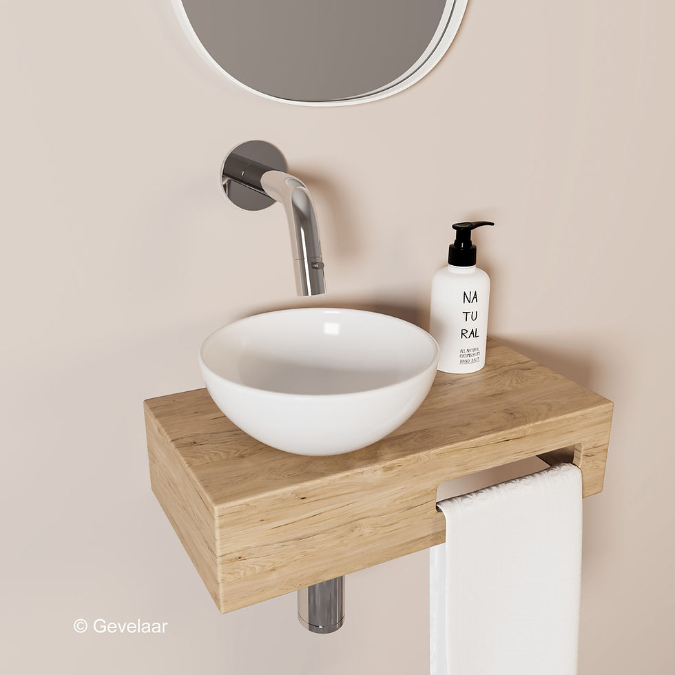 Tanaro Oasis fonteinset eiken met waskom wit - inbouwkraan chroom - links