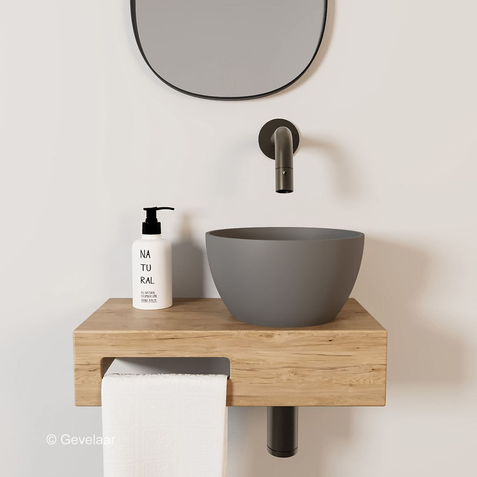 Thumbnail: Arcqua Olivia fonteinset eikenhout waskom mat quartz grijs rechts kraan gunmetal