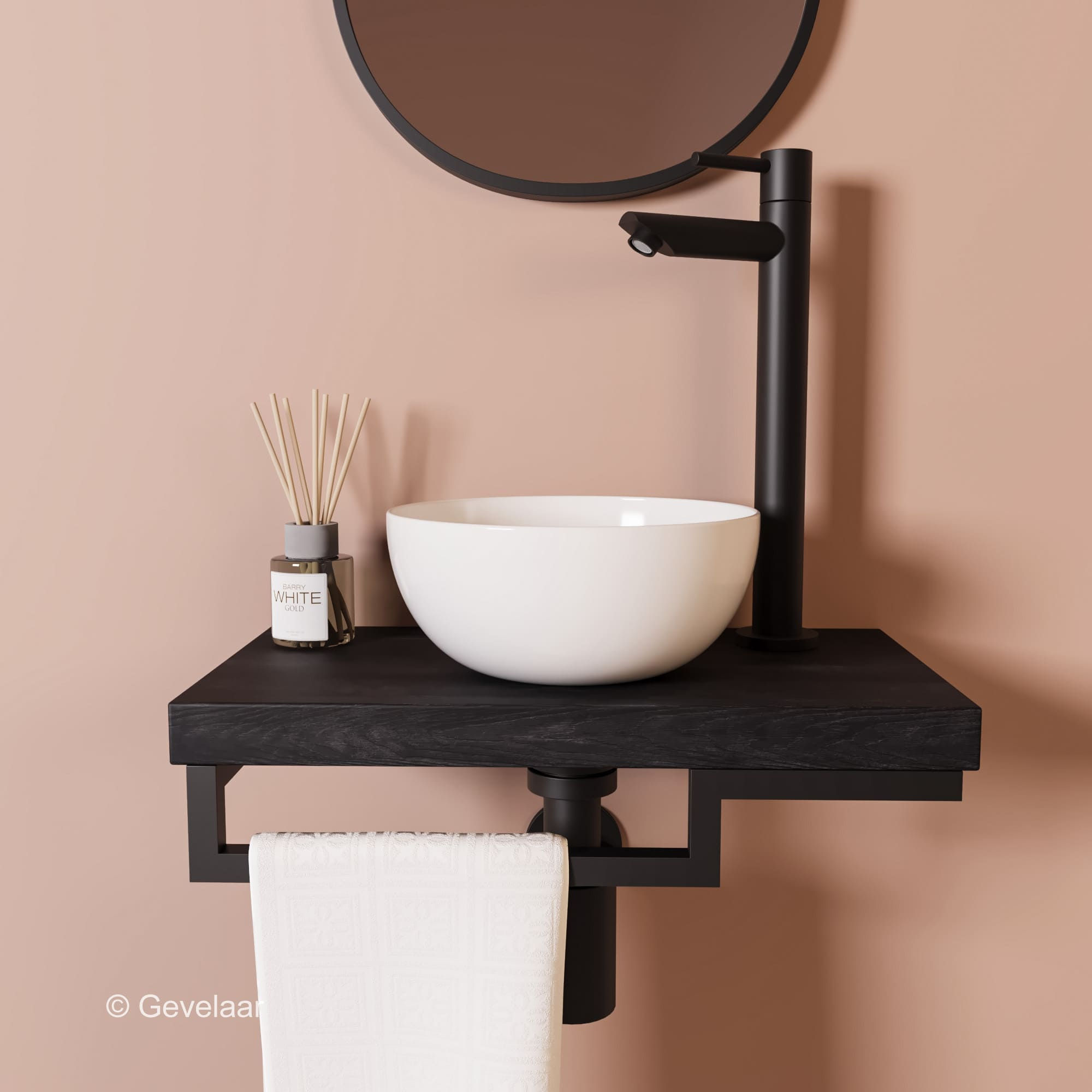 Proline TOP Black oak fonteinset kraan recht zwart kom 20cm glans wit houder L