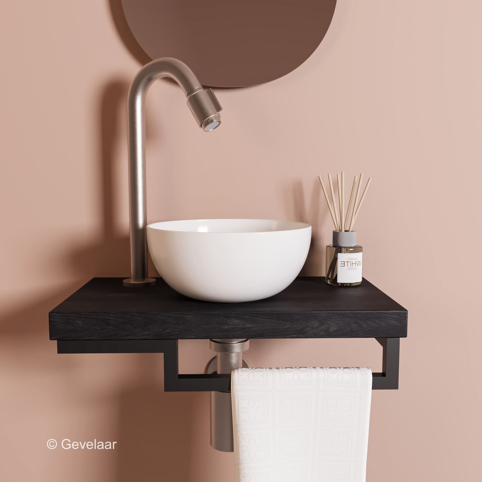 Proline TOP Black oak fonteinset kraan bo RVS kom 20cm glans wit houder R