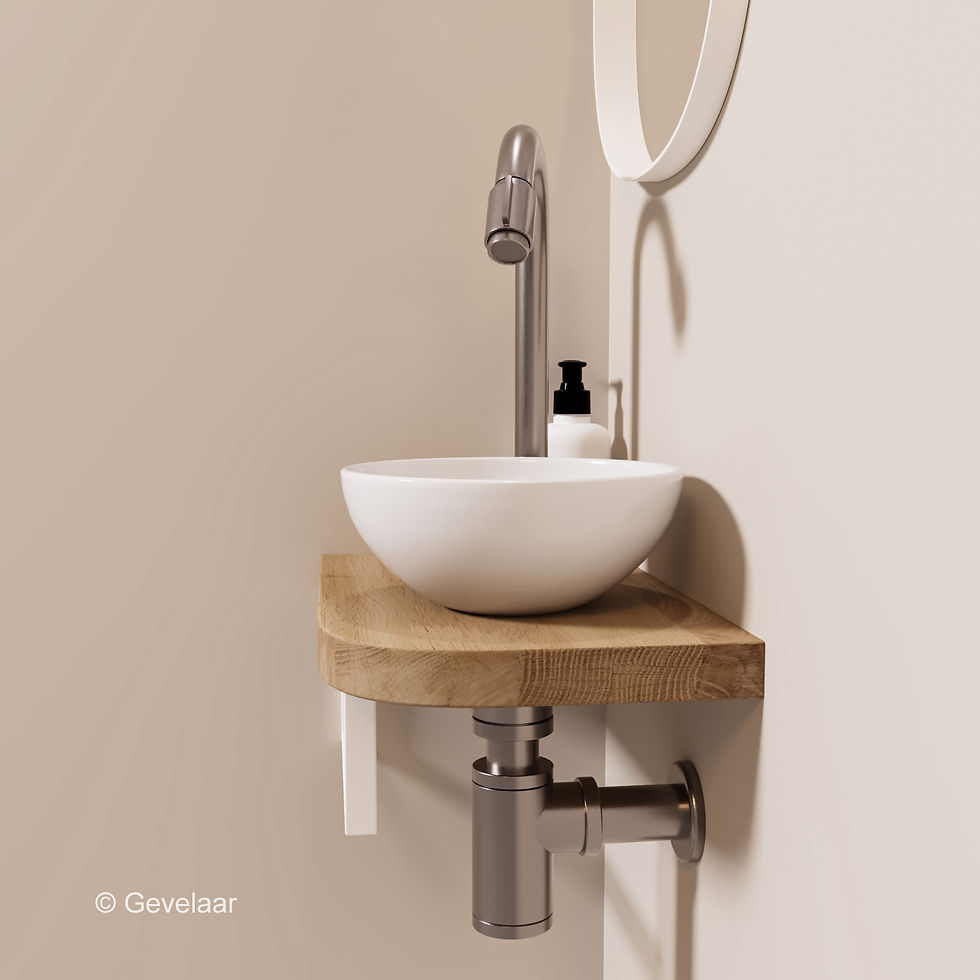 Thumbnail: Tanaro Lille fonteinset eiken kom frame wit - gebogen kraan RVS / geb. staal