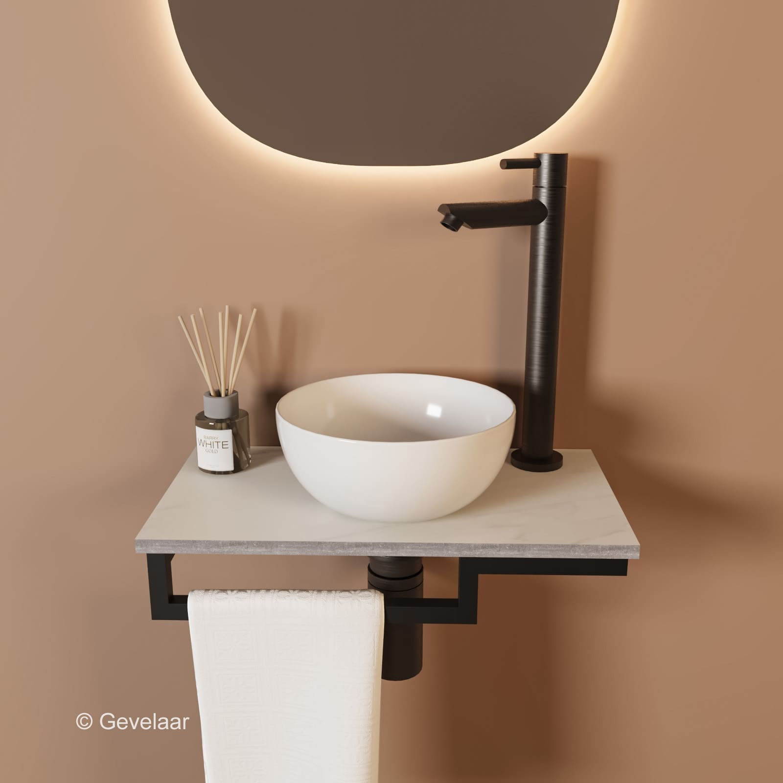 Tanaro Marqstone fonteinset marmer mat wit kraan gunmetal kom wit houder L