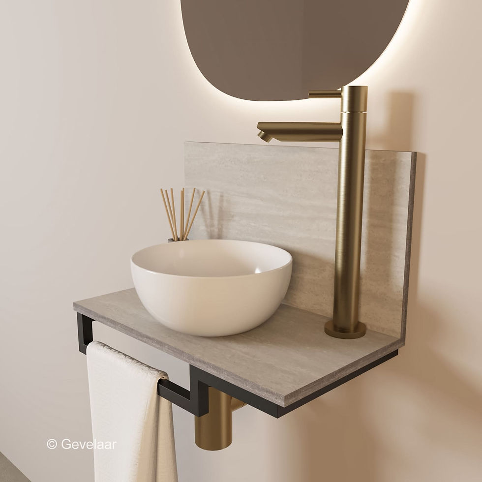 Thumbnail: Tanaro Marqstone fonteinset travertin mat wand kraan geb goud kom wit houder L