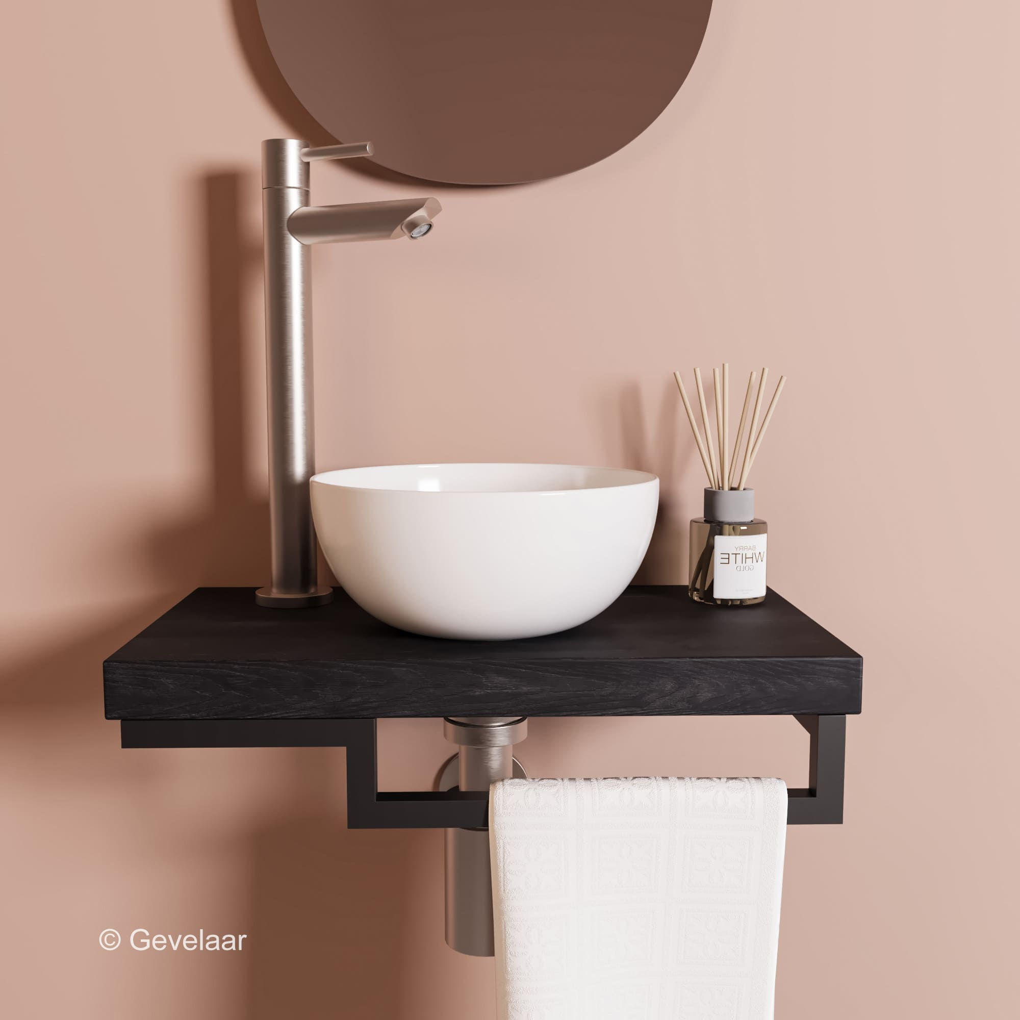 Proline TOP Black oak fonteinset kraan recht RVS kom 20cm glans wit houder R