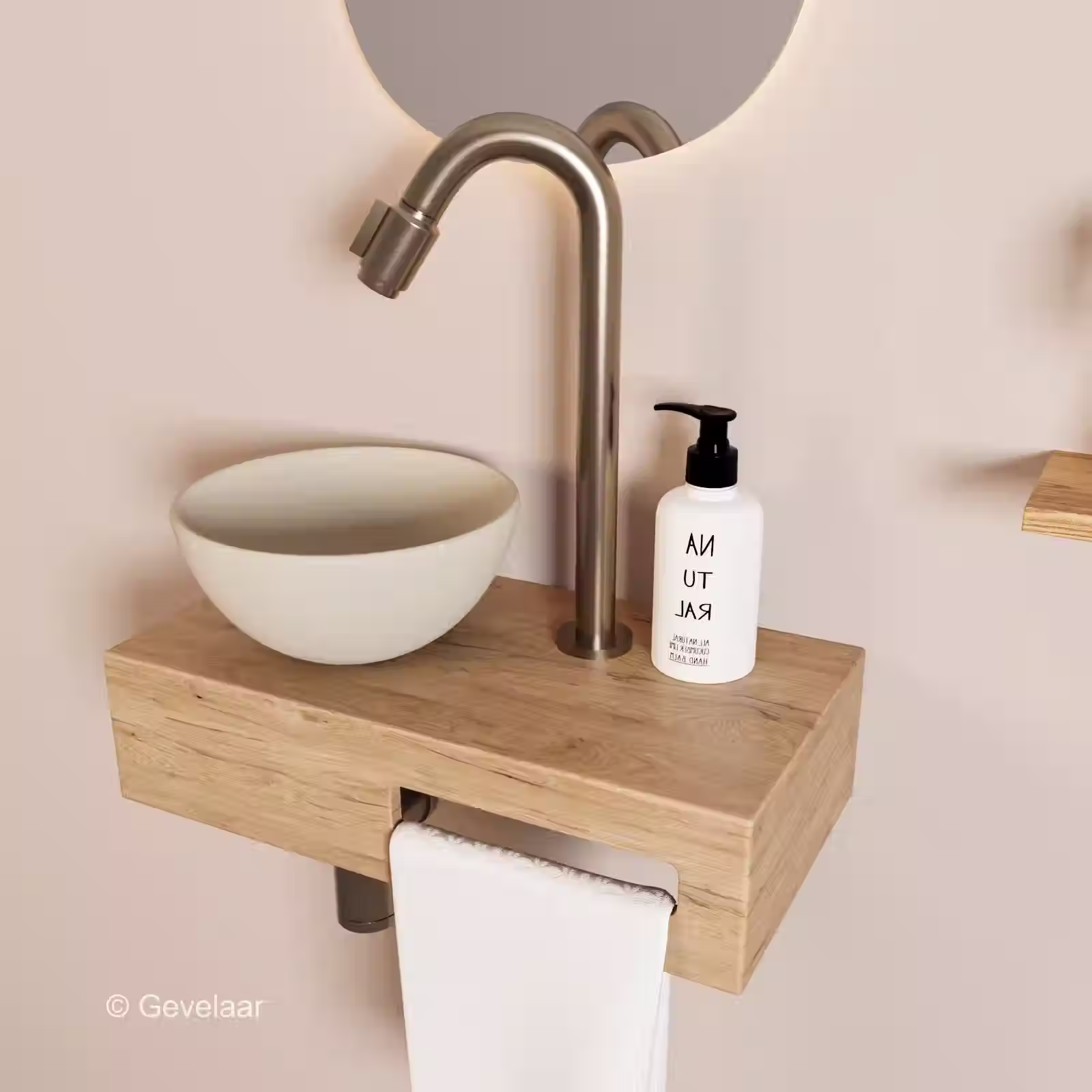 Tanaro Arche fonteinset eikenhout kraanset bo rvs waskom beige links