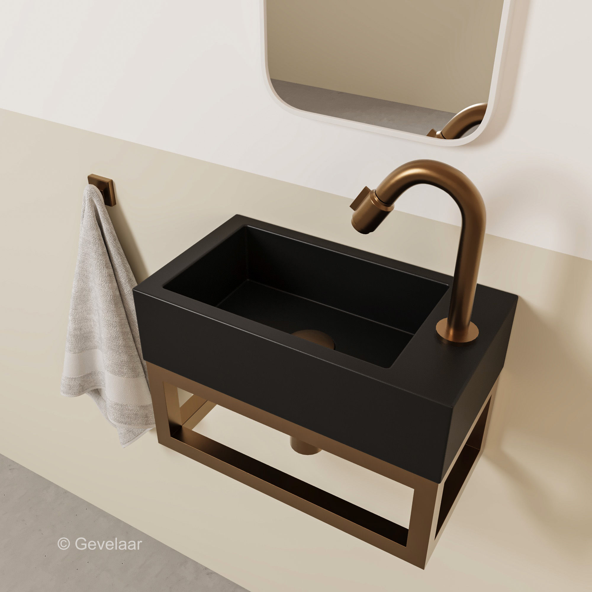 Wiesbaden Nick fonteinset 40x22 keramiek mat zwart rechts kraanset brons koper