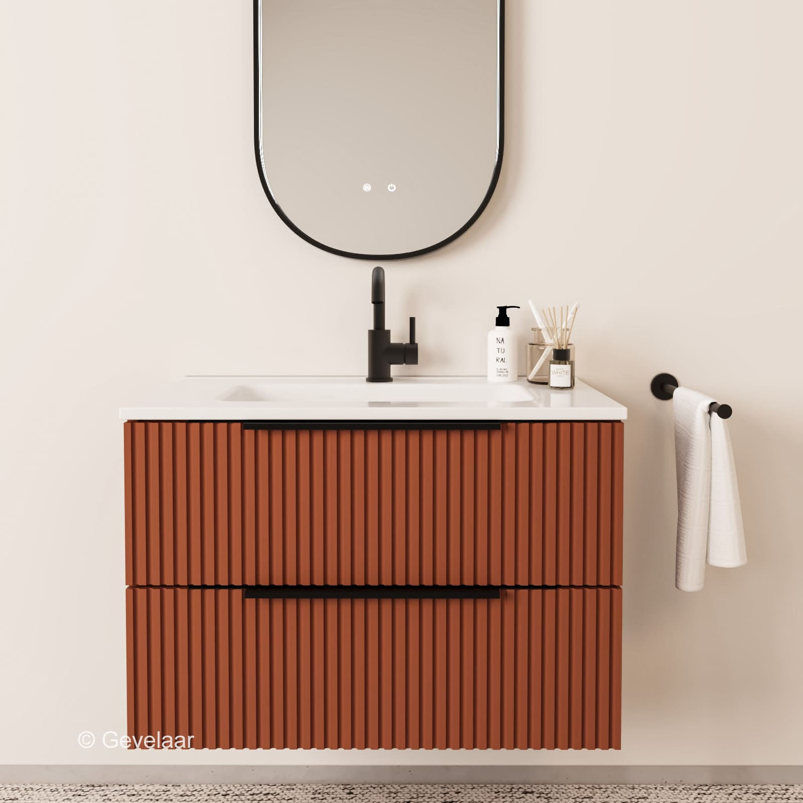 Tanaro Sobio Rib badmeubel terracotta 80cm wastafel glans wit 2 laden