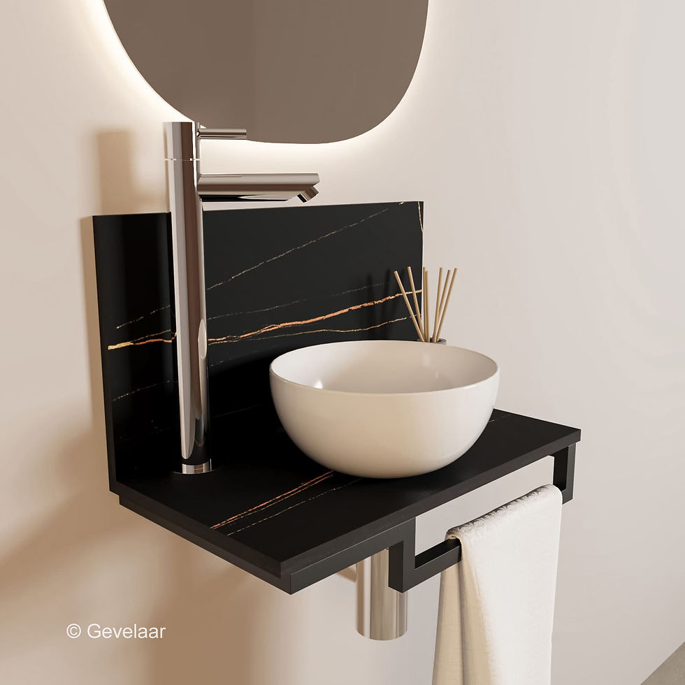Thumbnail: Tanaro Marqstone fonteinset marmer zwart wand kraan chroom kom 20cm wit houder R