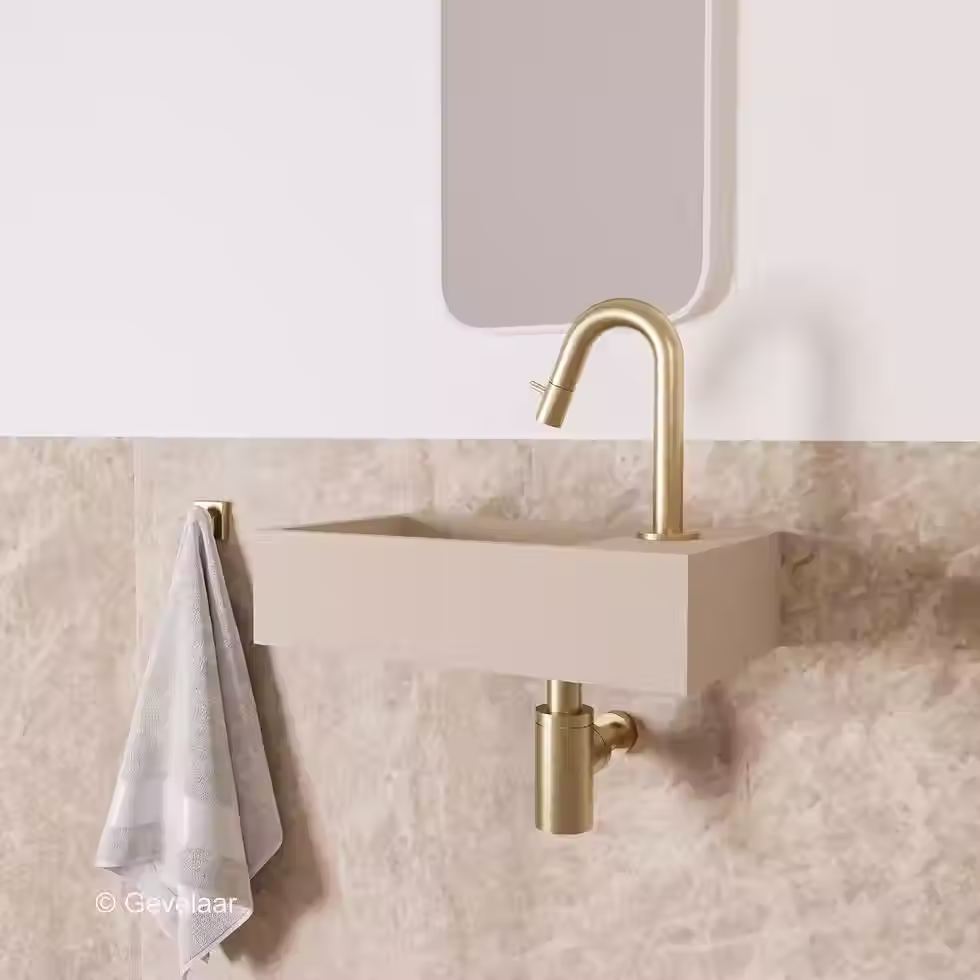 Thumbnail: Zaphir Eva fonteinset solid surface wasbak beige rechts kraanset geb. goud