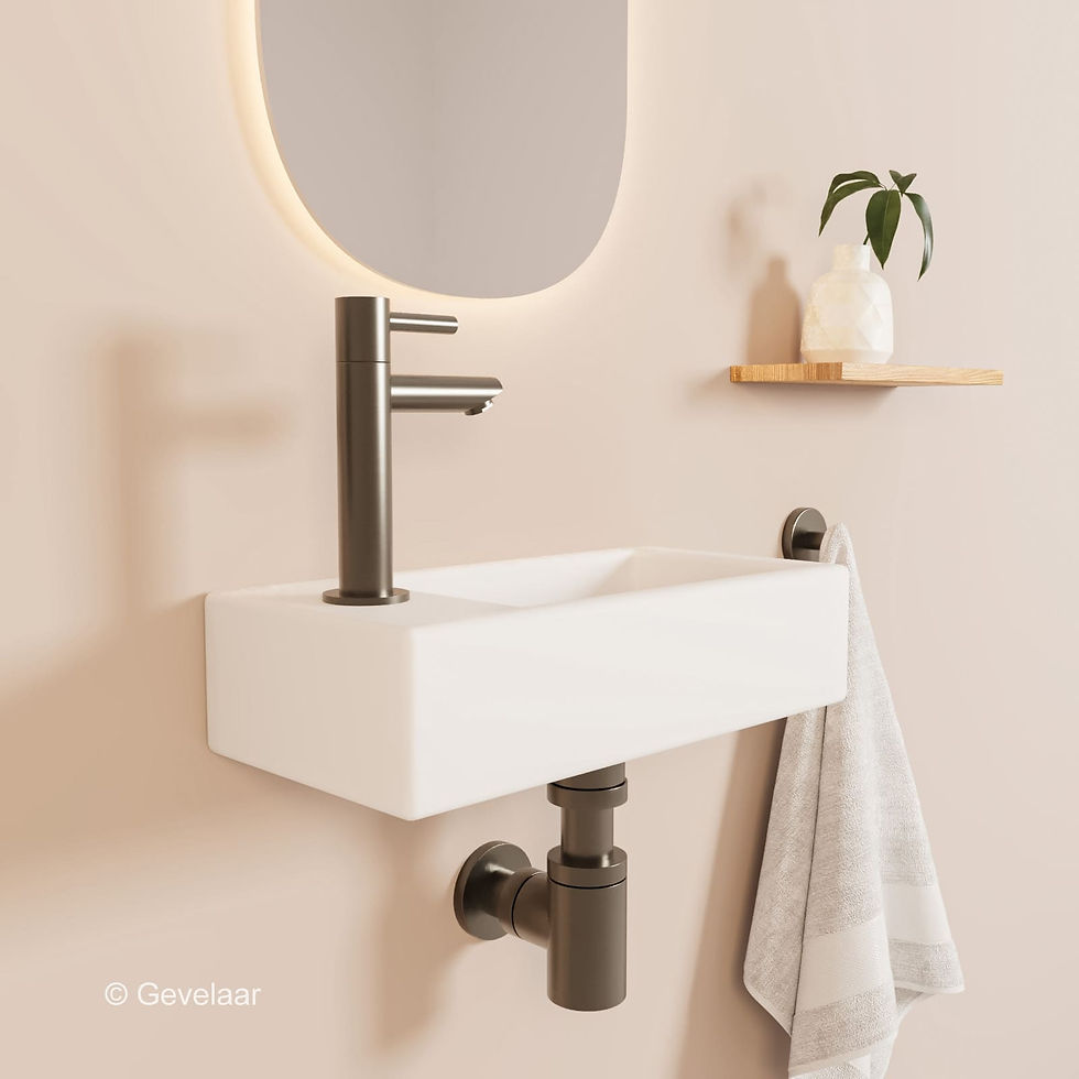 Thumbnail: Tanaro Ceva fonteinset in minimalistische toiletruimte met mat witte wasbak links, rechte fonteinkraan in gunmetal.