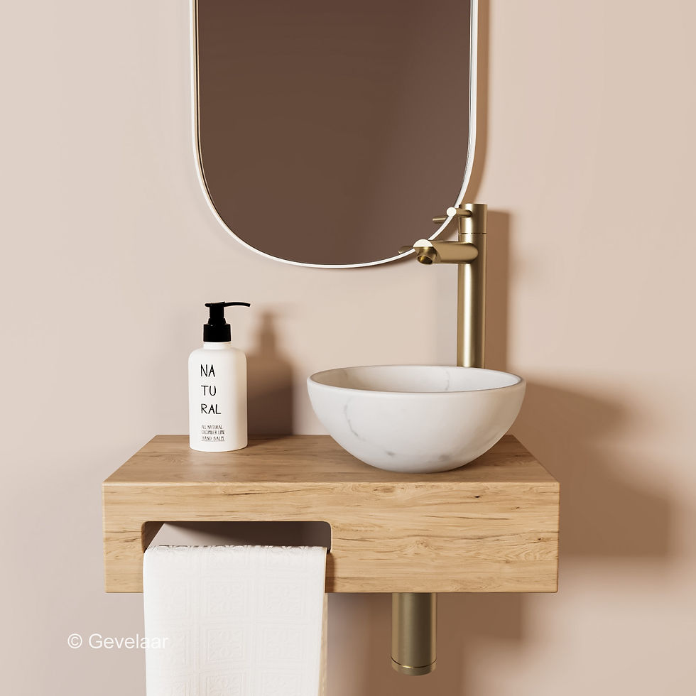 Tanaro Oasis fonteinset eikenhout kraanset geb.goud waskom wit marmer rechts