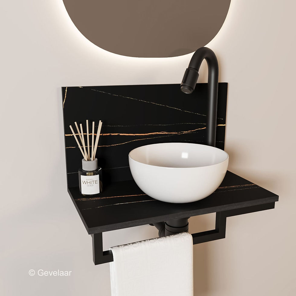 Thumbnail: Tanaro Marqstone fonteinset zwart wand kraan bo mat zwart kom 20cm wit houder L