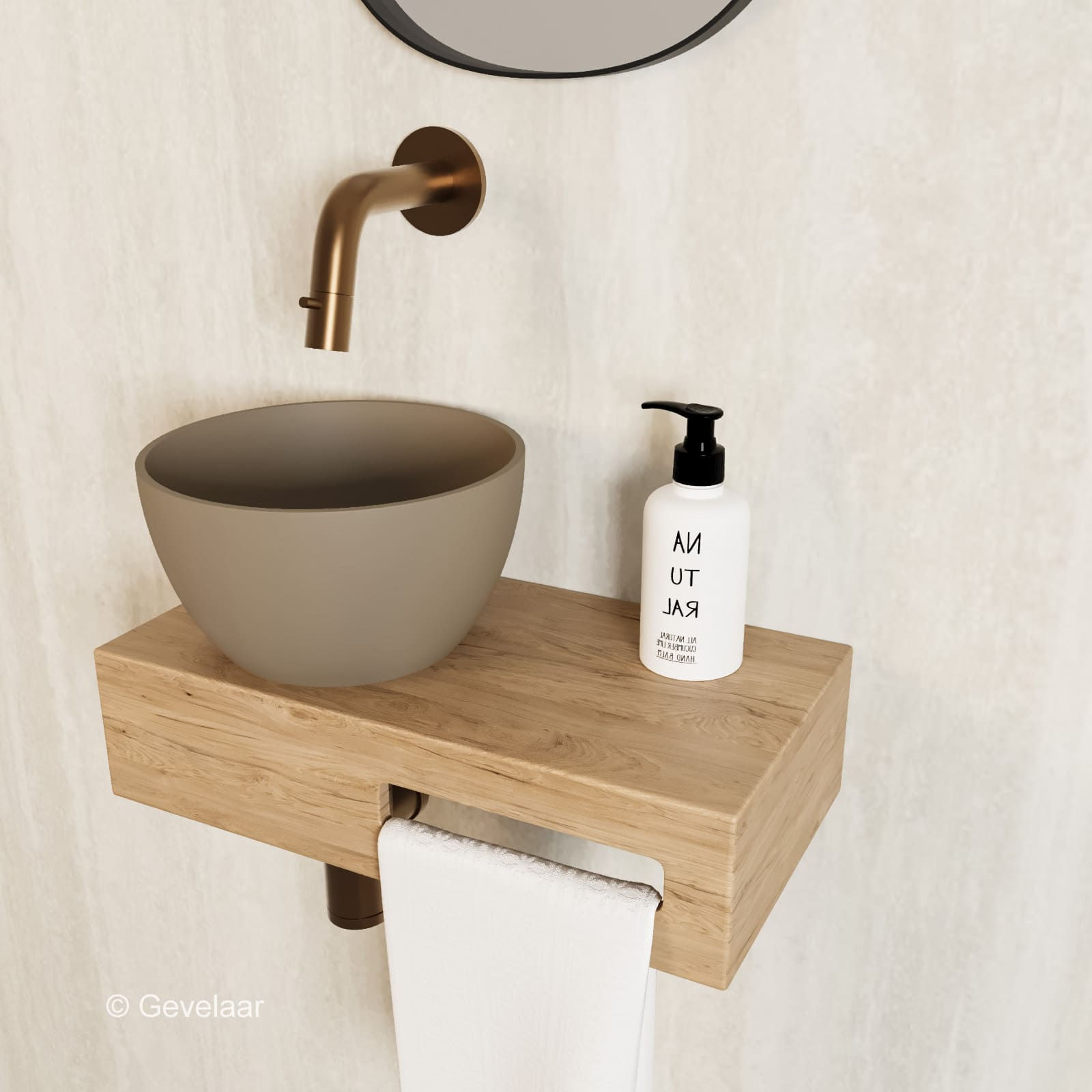 Arcqua Olivia fonteinset eikenhout waskom truffel links inbouwkraan brons koper