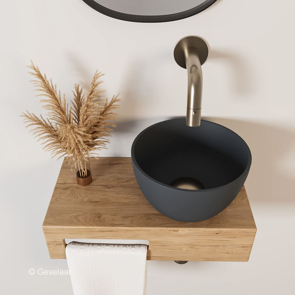 Arcqua Olivia fonteinset eikenhout waskom mat antraciet rechts inbouwkraan RVS