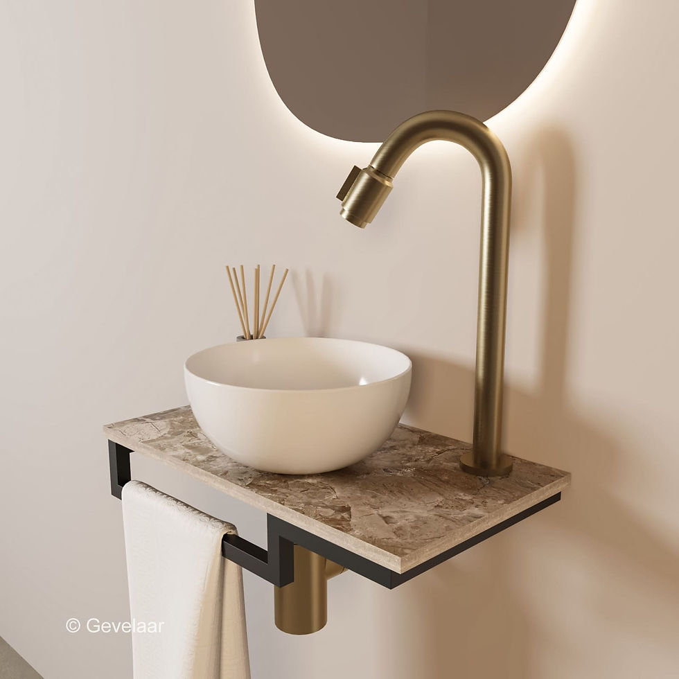Thumbnail: Tanaro Marqstone fonteinset earth glossy kraan bo geb goud kom 20cm wit houder L