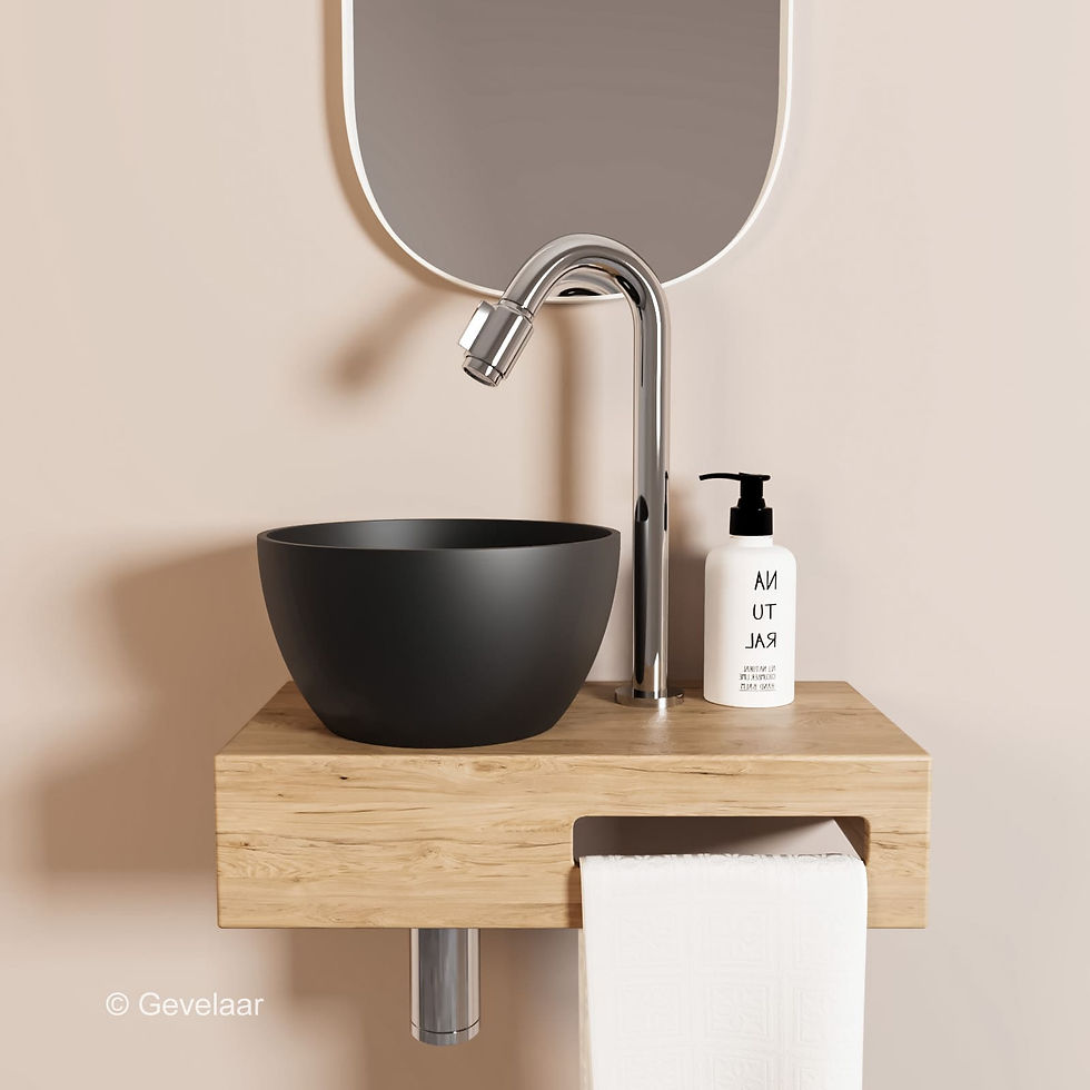 Arcqua Olivia fonteinset eikenhout waskom mat zwart links kraan bo chroom